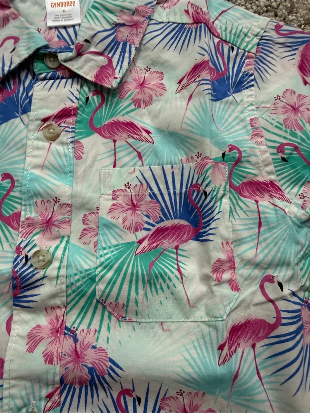 NWT Gymboree Mint Green Button-Up Shirt with Pink Flamingos size 8
